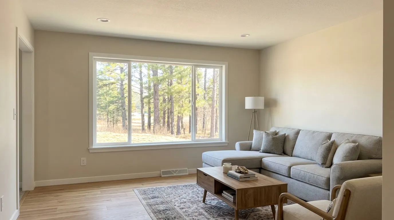 Same living room fully rebuilt and restored after fire damage