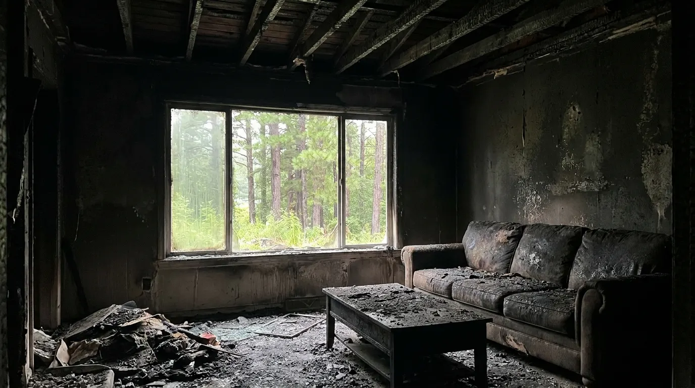 Living room with severe fire damage and charred walls before restoration