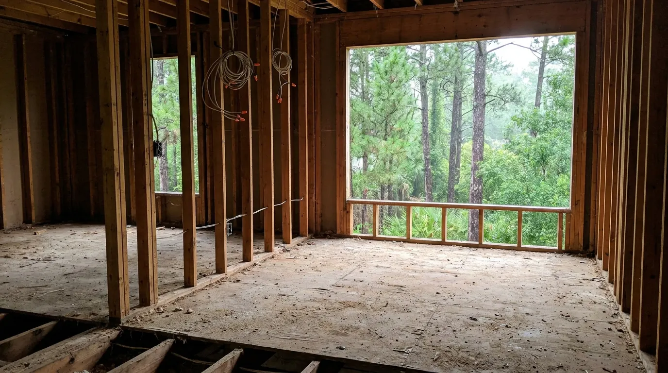 Room gutted to the studs before reconstruction