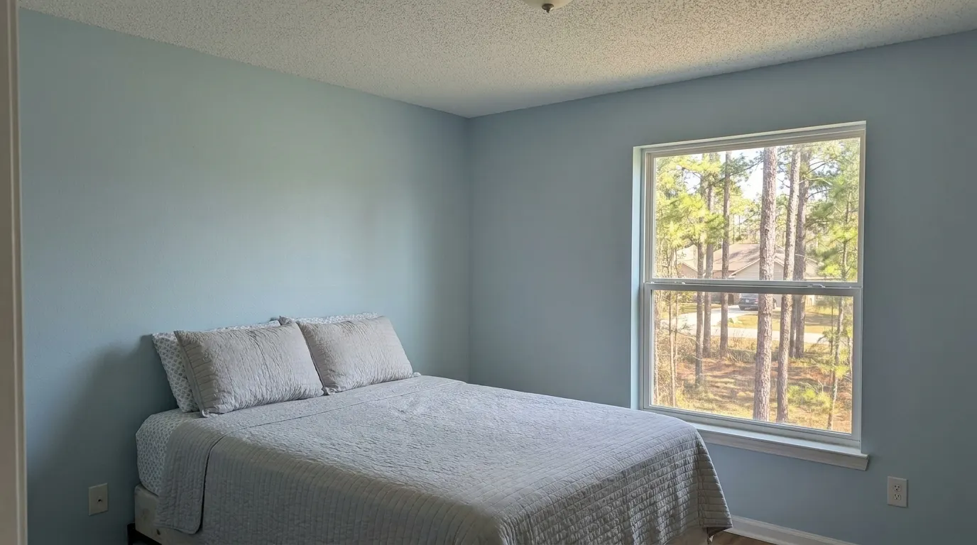 Same bedroom with rebuilt ceiling after storm damage restoration