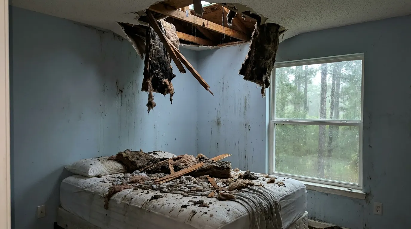 Bedroom with collapsed ceiling and storm debris before repair