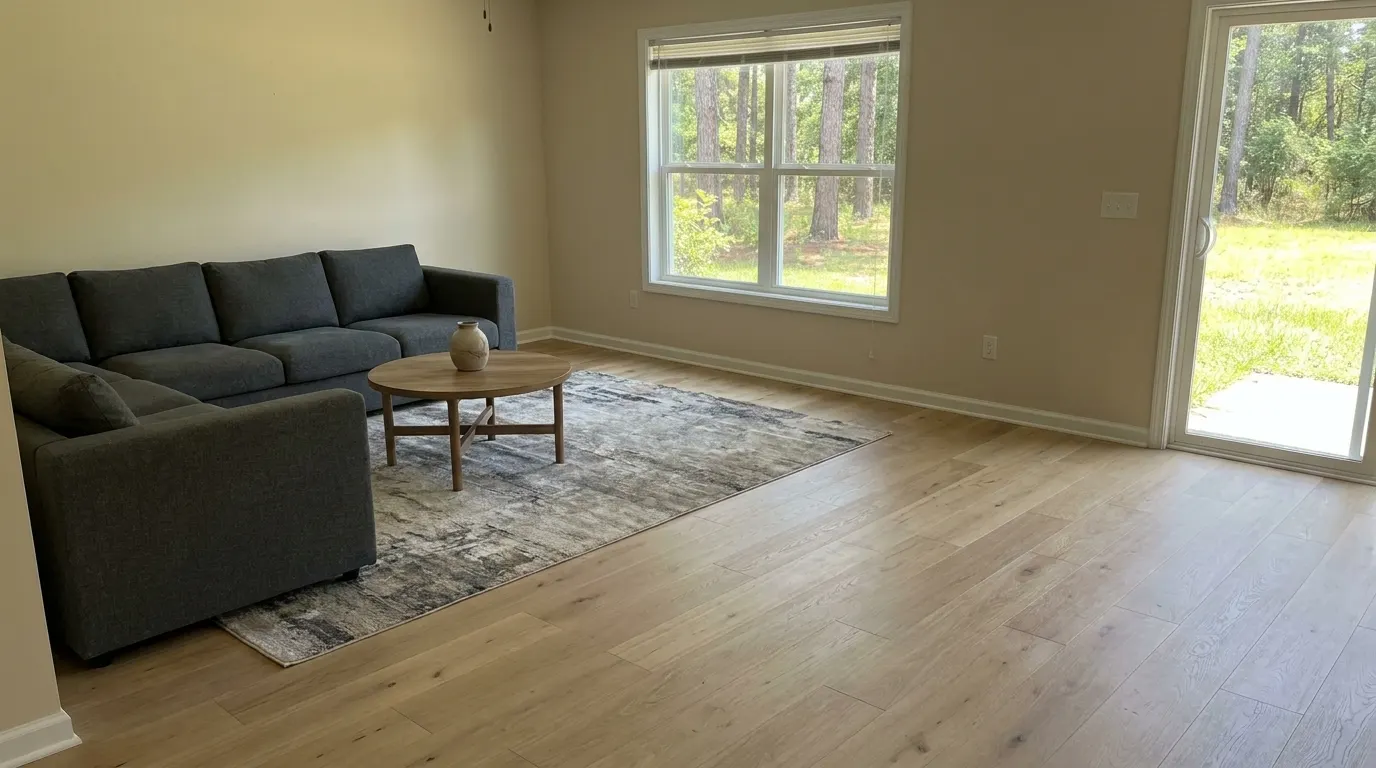 Same living room with new premium plank flooring and repaired walls after restoration