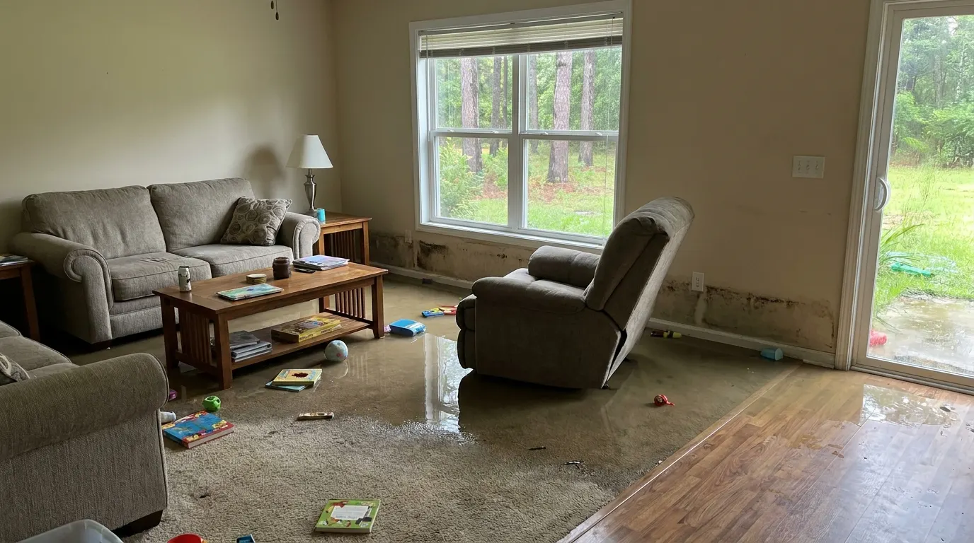 Flooded living room with standing water before restoration