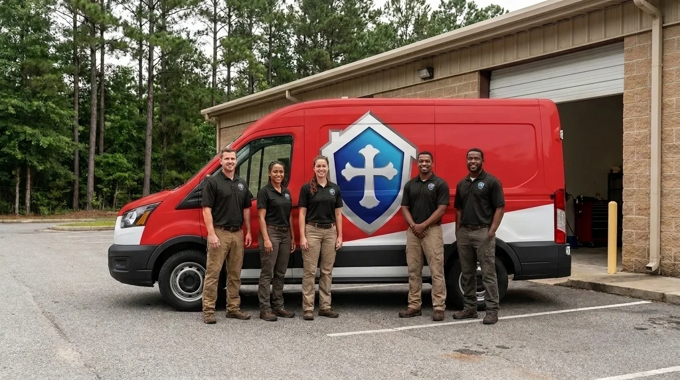 SkyGuard Restoration technician loading a branded service van